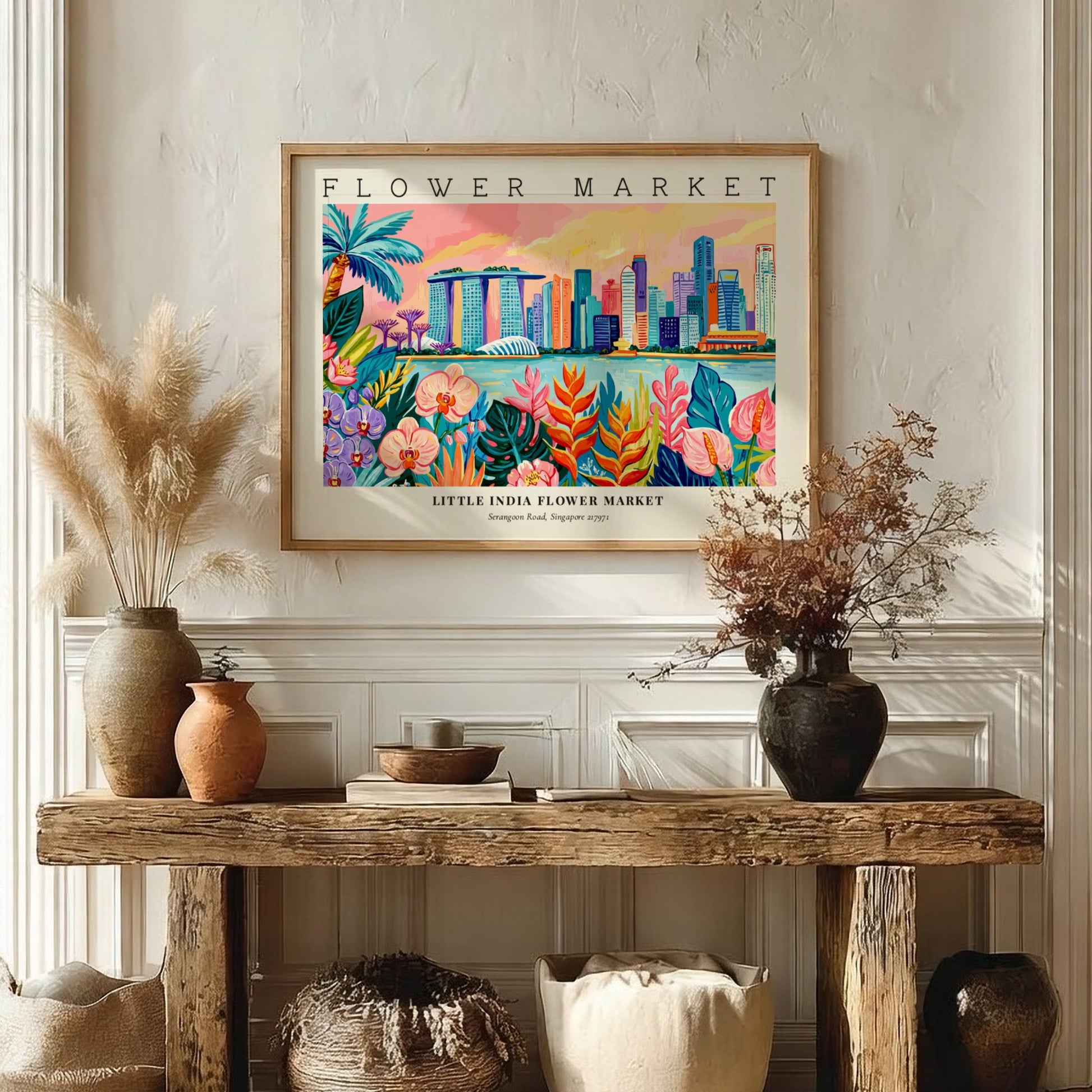 Flower market poster showcasing Little India's skyline with vibrant floral elements in warm colors
