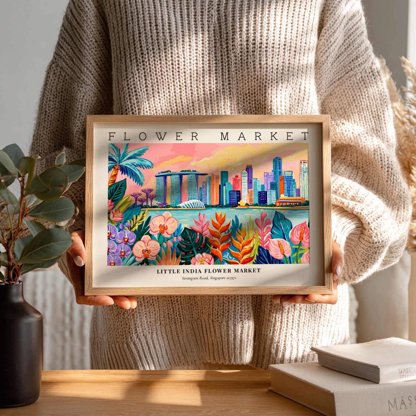 Flower market poster showcasing Little India's skyline with vibrant floral elements in warm colors