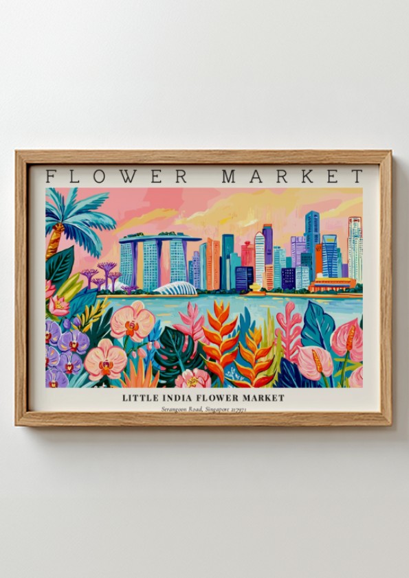 Flower market poster featuring vibrant colors and tropical flowers with a city skyline backdrop