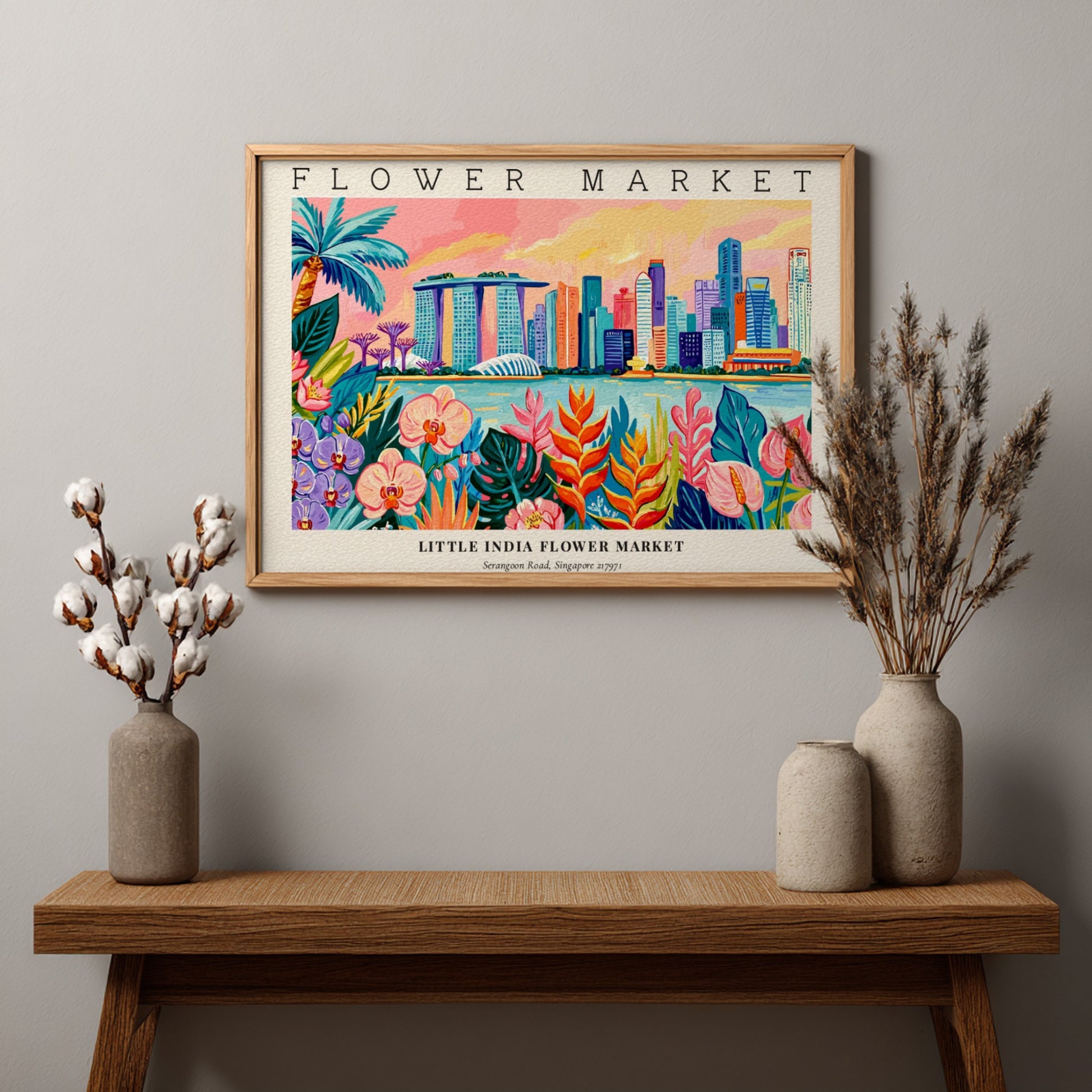 Flower market poster featuring vibrant colors and tropical flowers with a city skyline backdrop