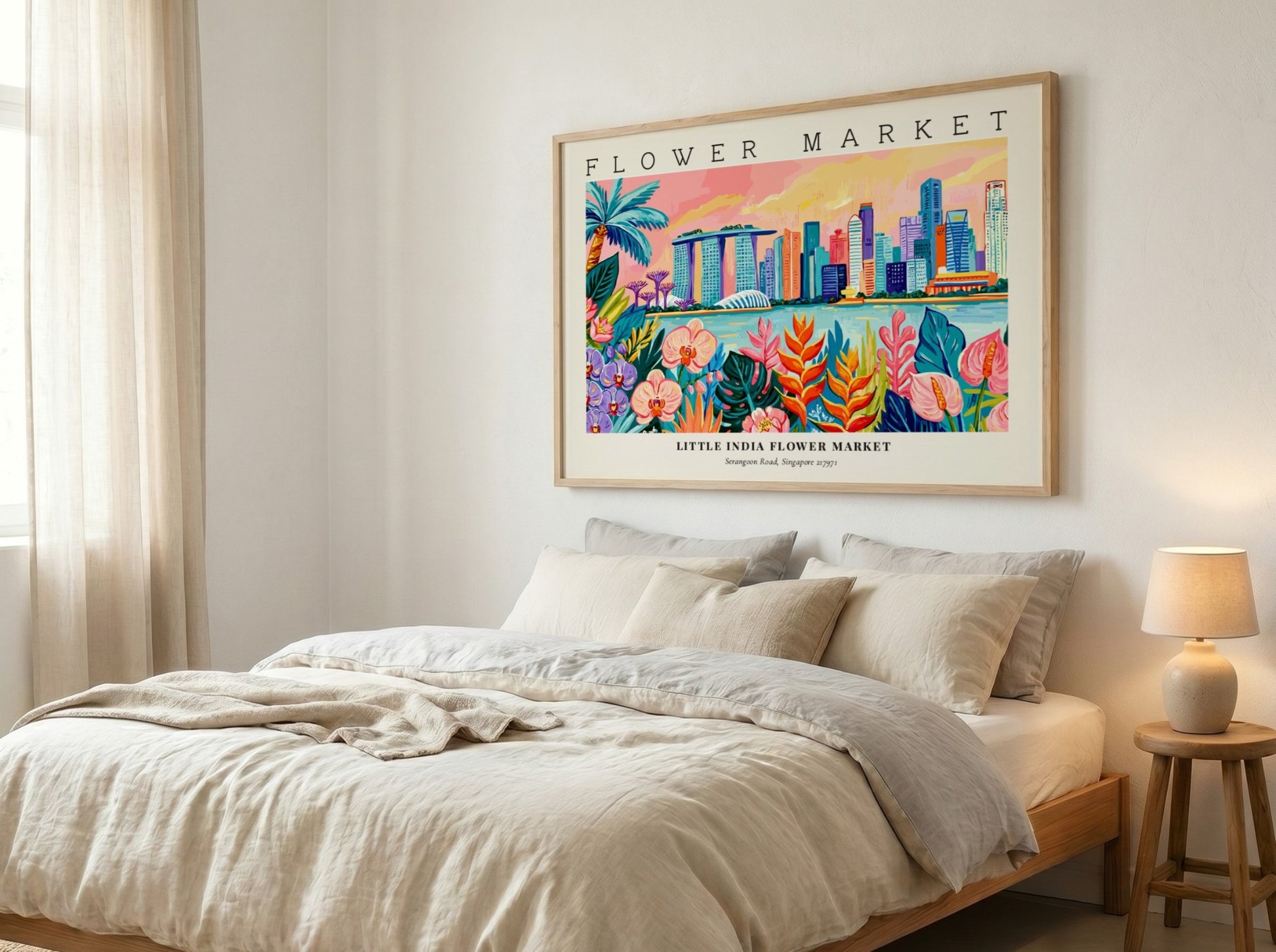 Flower market poster showcasing Little India's skyline with vibrant floral elements in warm colors