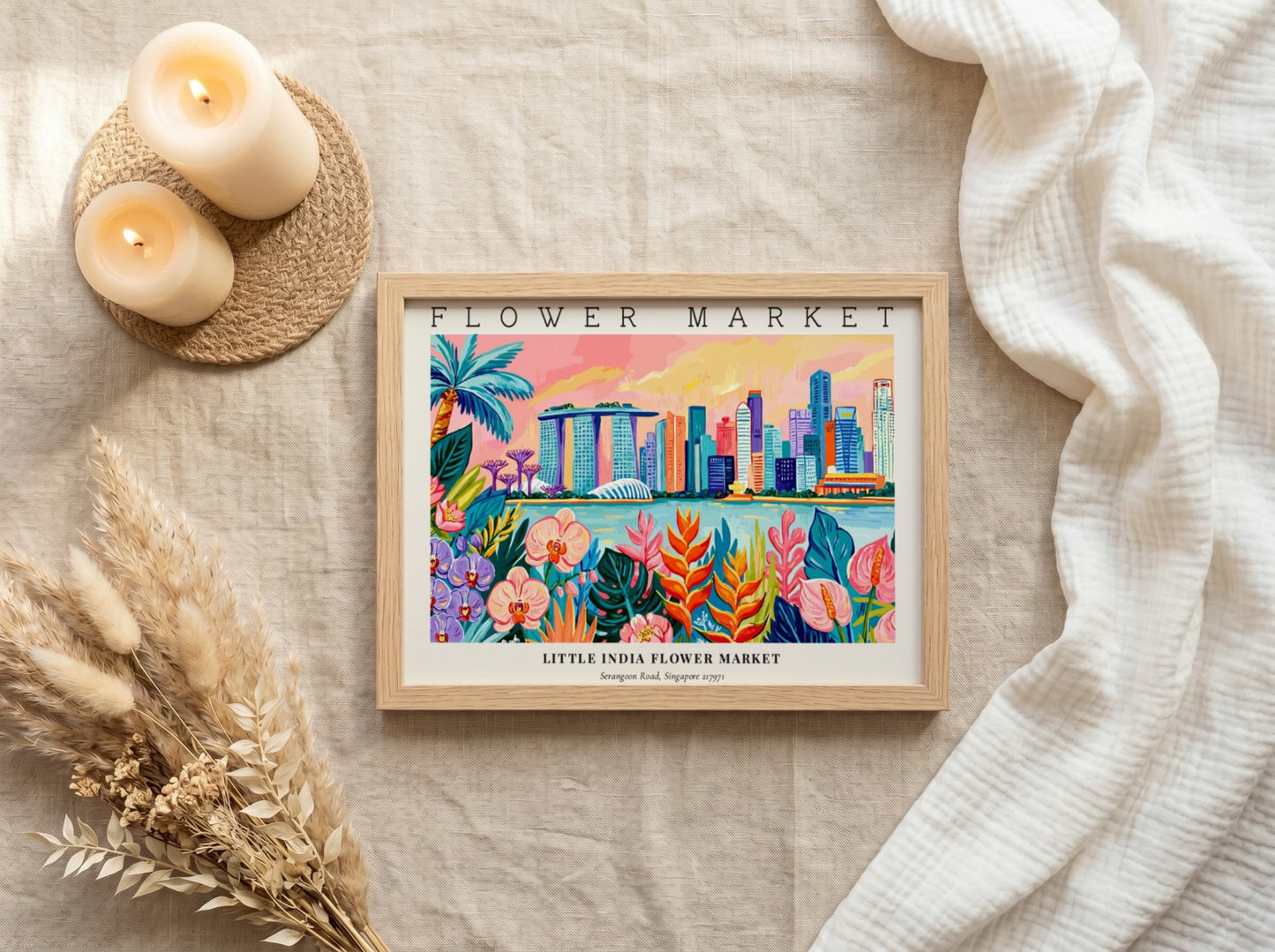 Flower market poster featuring vibrant colors and tropical flowers with a city skyline backdrop