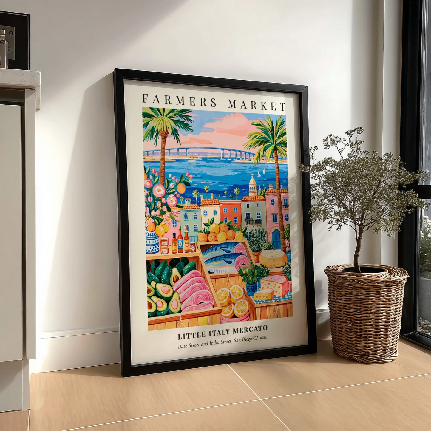 Farmers market poster featuring colorful produce and San Diego waterfront