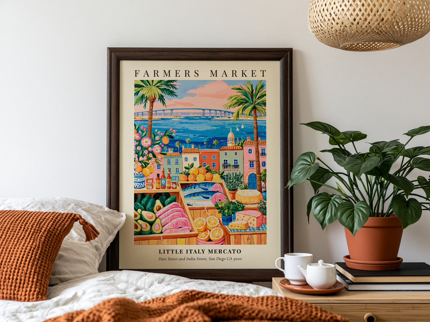 Farmers market poster featuring colorful produce and San Diego waterfront