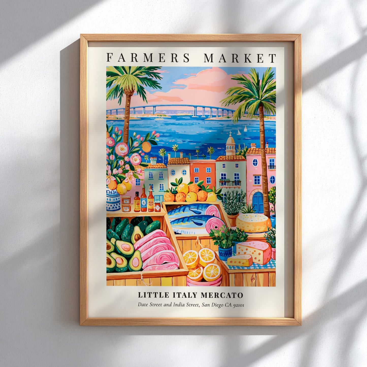 Farmers market poster featuring colorful produce and San Diego waterfront