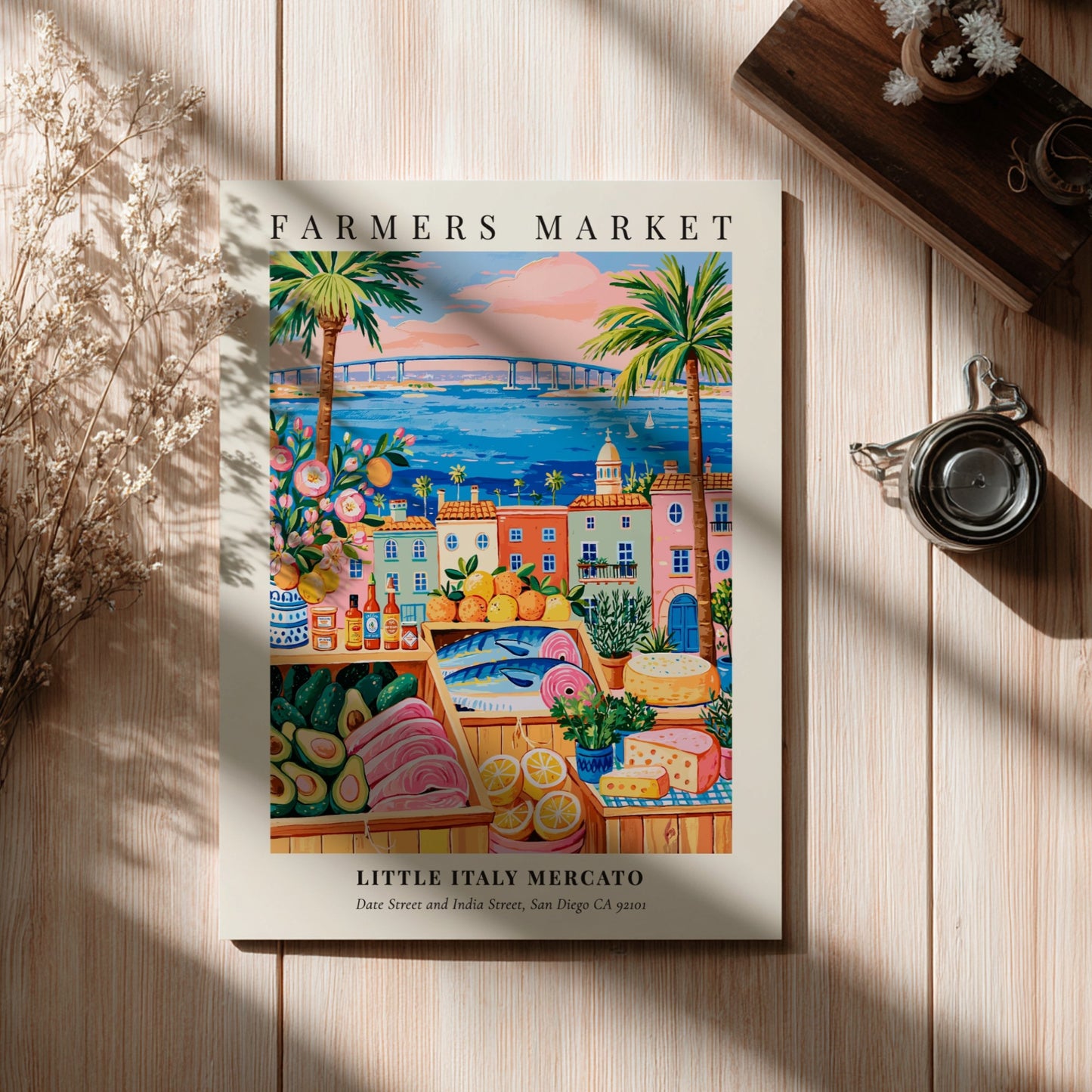 Farmers market poster featuring colorful produce and San Diego waterfront