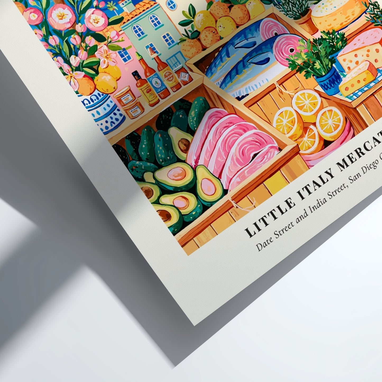 Farmers market poster featuring colorful produce and San Diego waterfront