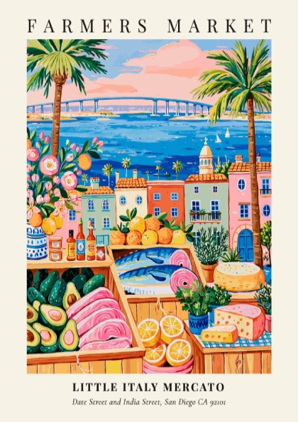 Farmers market poster featuring colorful produce and San Diego waterfront