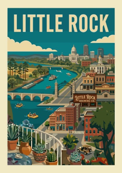 Retro art print of the Little Rock skyline, featuring the Capitol Building and Arkansas River.
