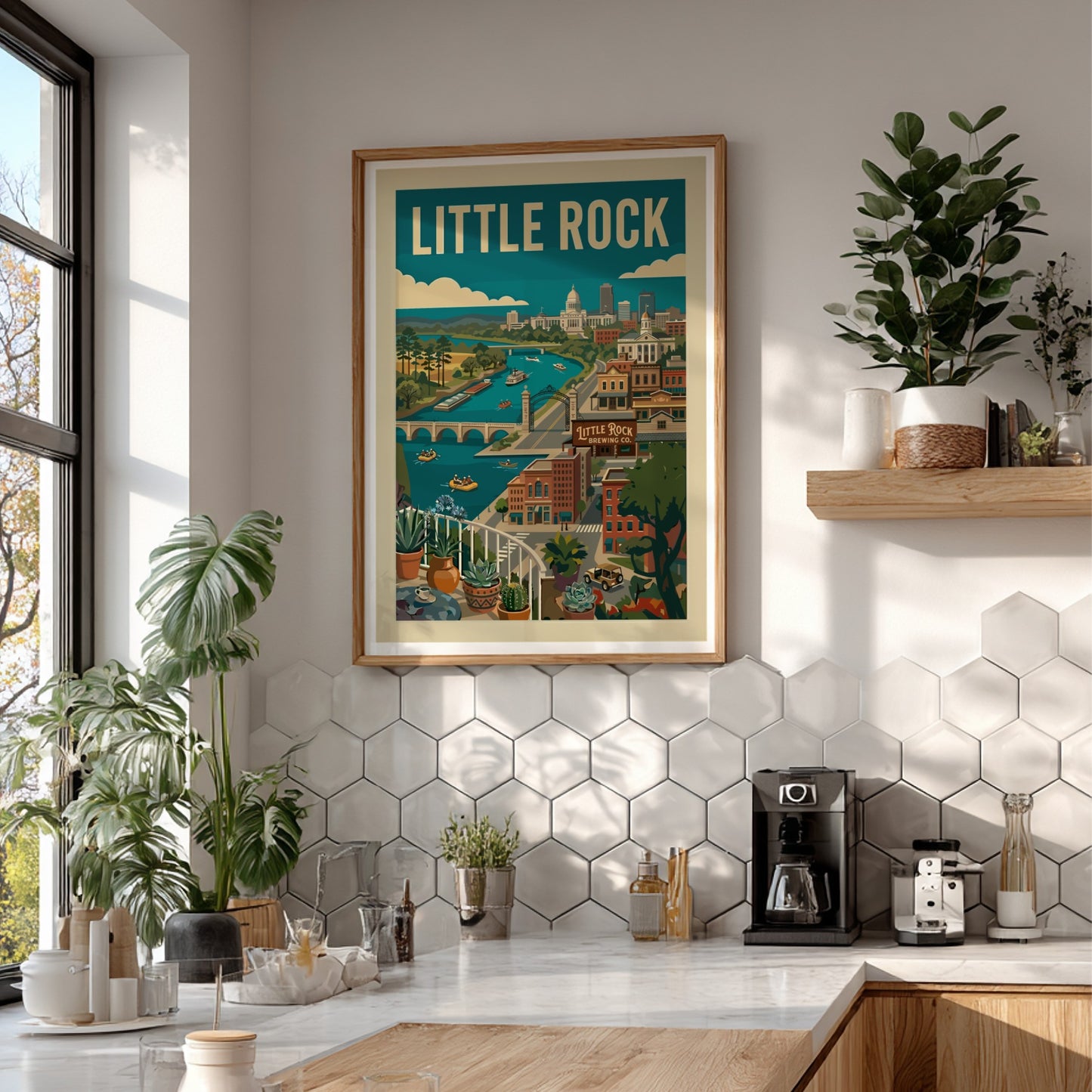 Retro art print of the Little Rock skyline, featuring the Capitol Building and Arkansas River.
