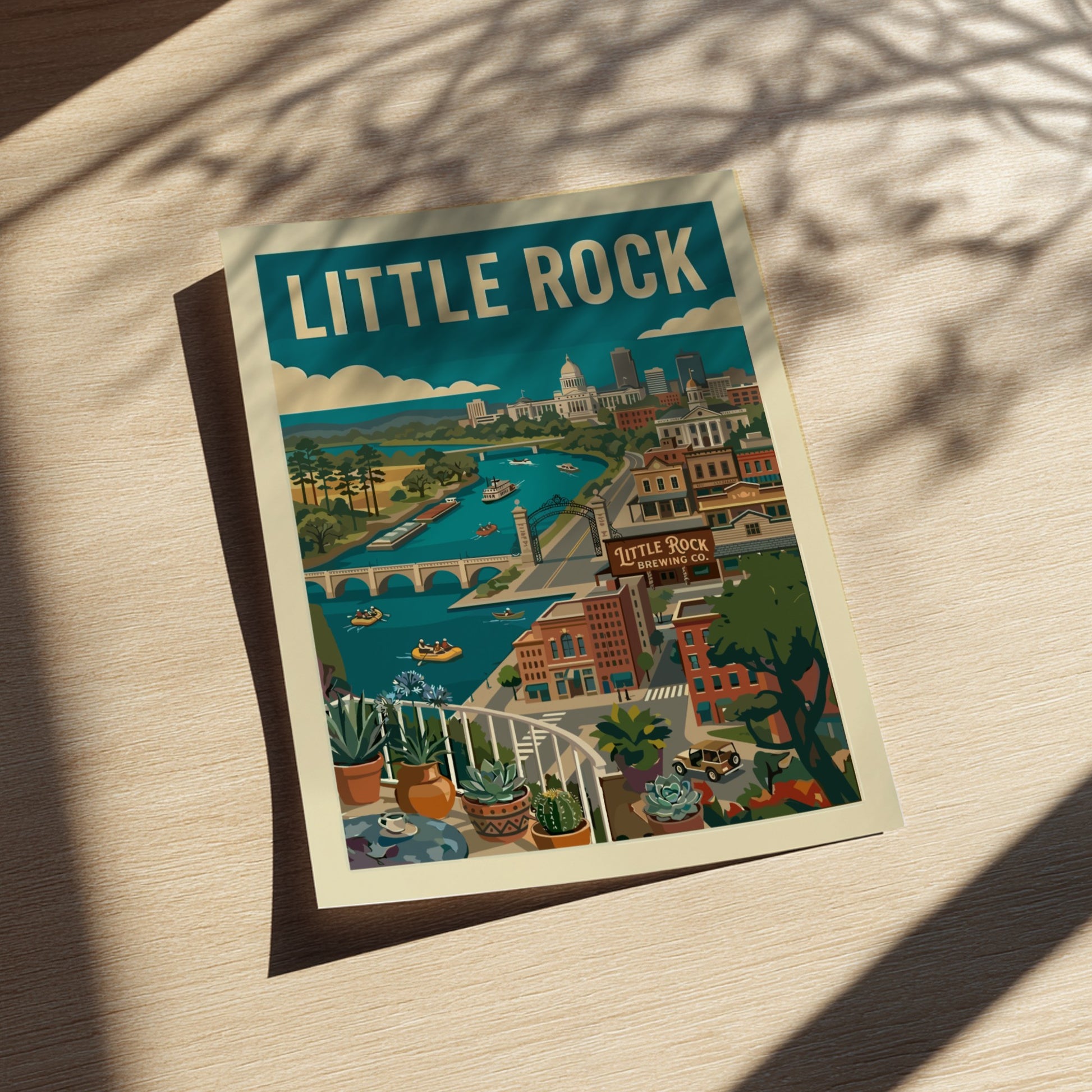 Retro art print of the Little Rock skyline, featuring the Capitol Building and Arkansas River.