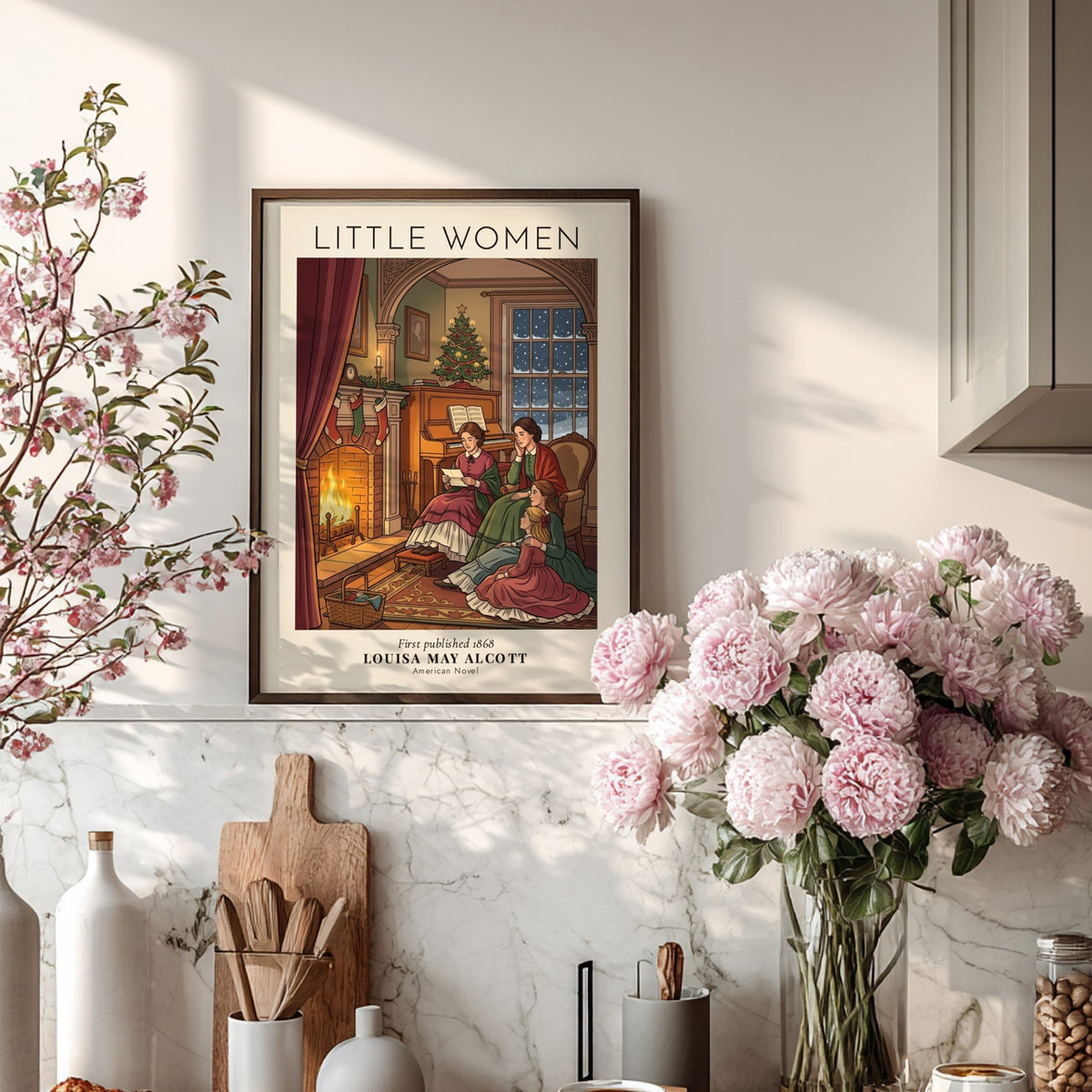 Poster featuring the March sisters reading by a fireplace with Christmas decor and snow