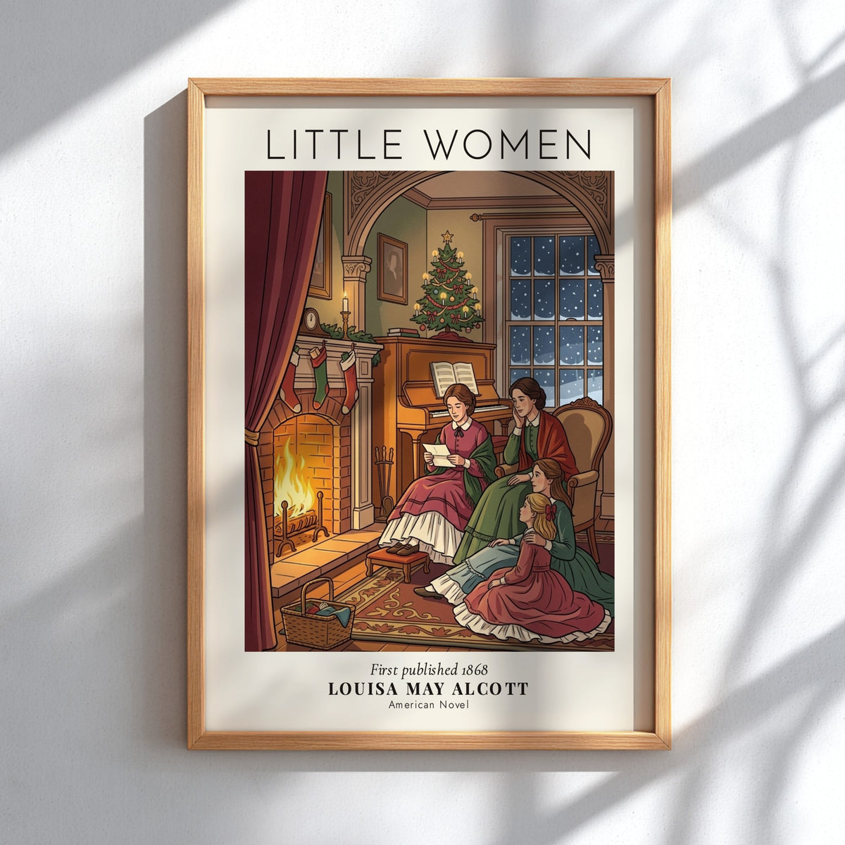 Poster featuring the March sisters reading by a fireplace with Christmas decor and snow