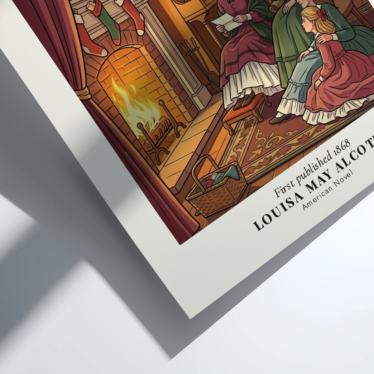 Poster featuring the March sisters reading by a fireplace with Christmas decor and snow