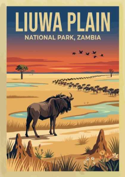 Liuwa Plain poster featuring a wildebeest in vibrant colors, nature decor, wildlife art