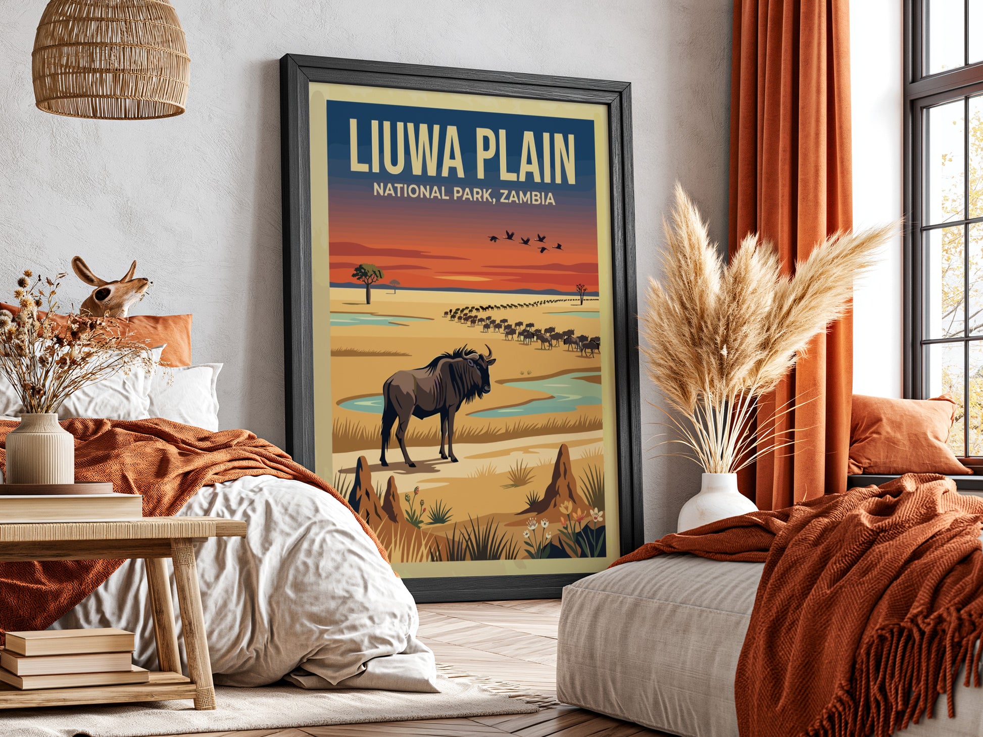 Liuwa Plain poster featuring a wildebeest in vibrant colors, nature decor, wildlife art