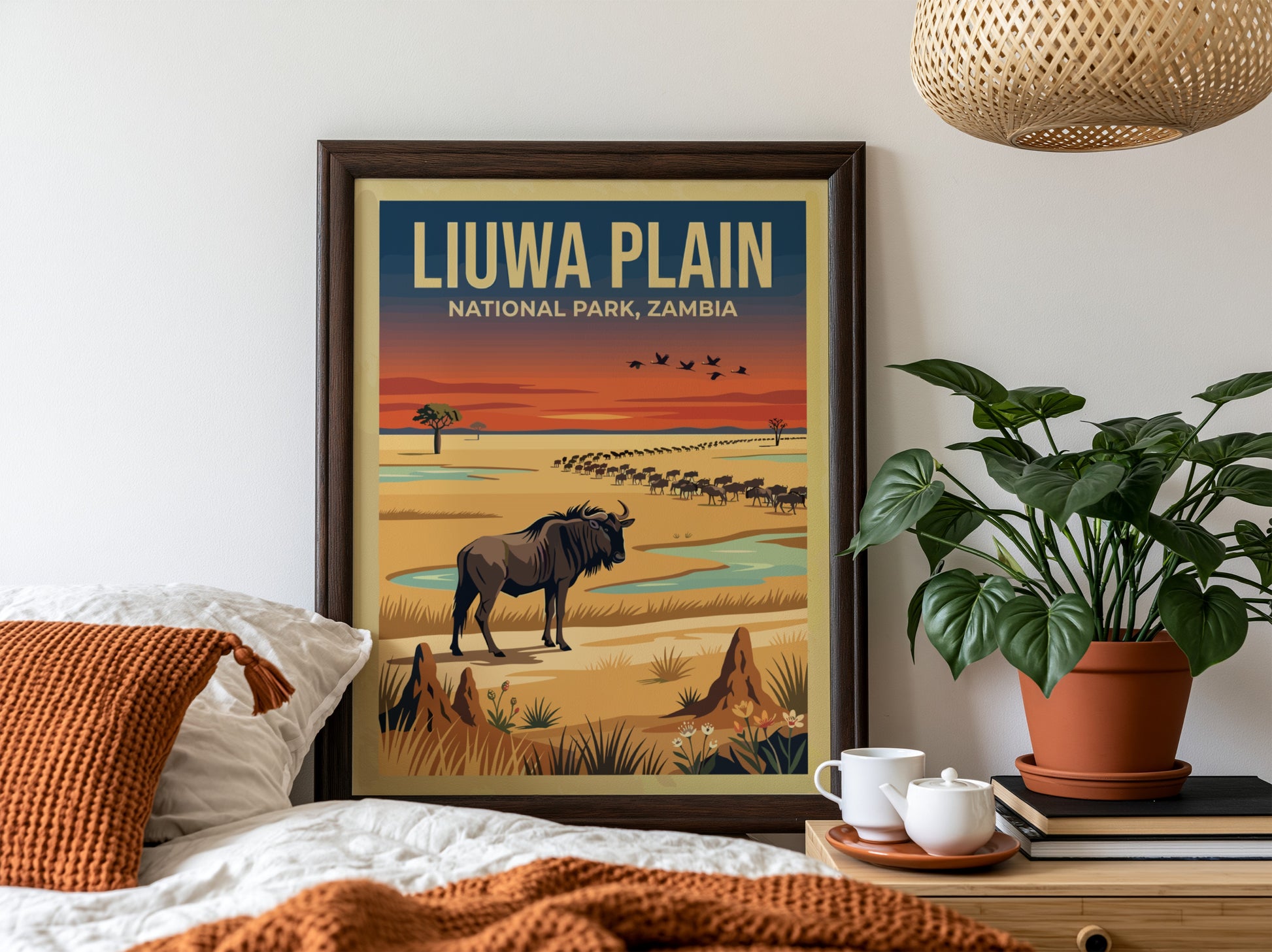 Liuwa Plain poster featuring a wildebeest in vibrant colors, nature decor, wildlife art