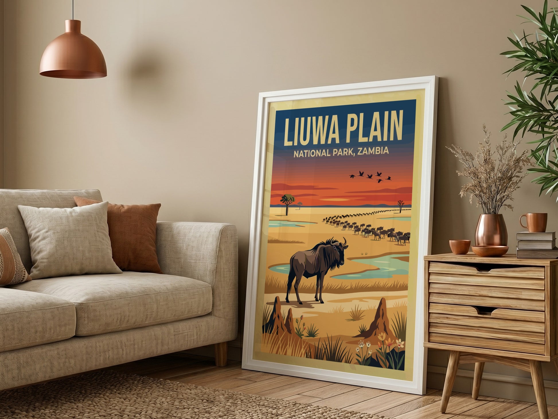 Liuwa Plain poster featuring a wildebeest in vibrant colors, nature decor, wildlife art