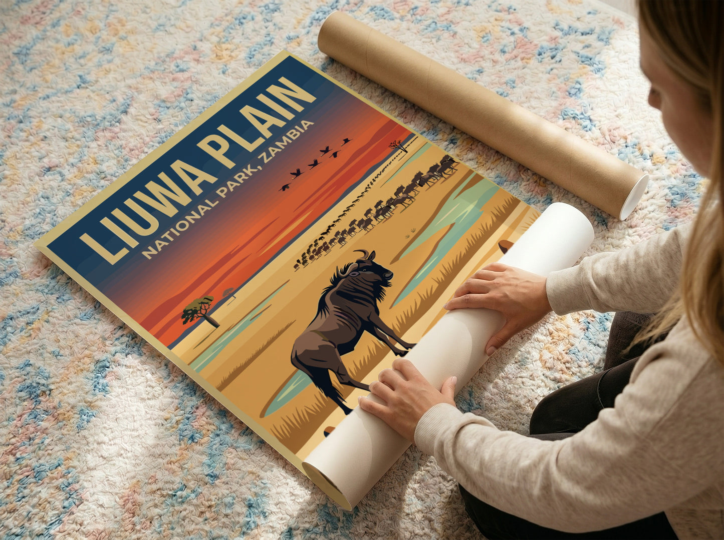 Liuwa Plain poster featuring a wildebeest in vibrant colors, nature decor, wildlife art