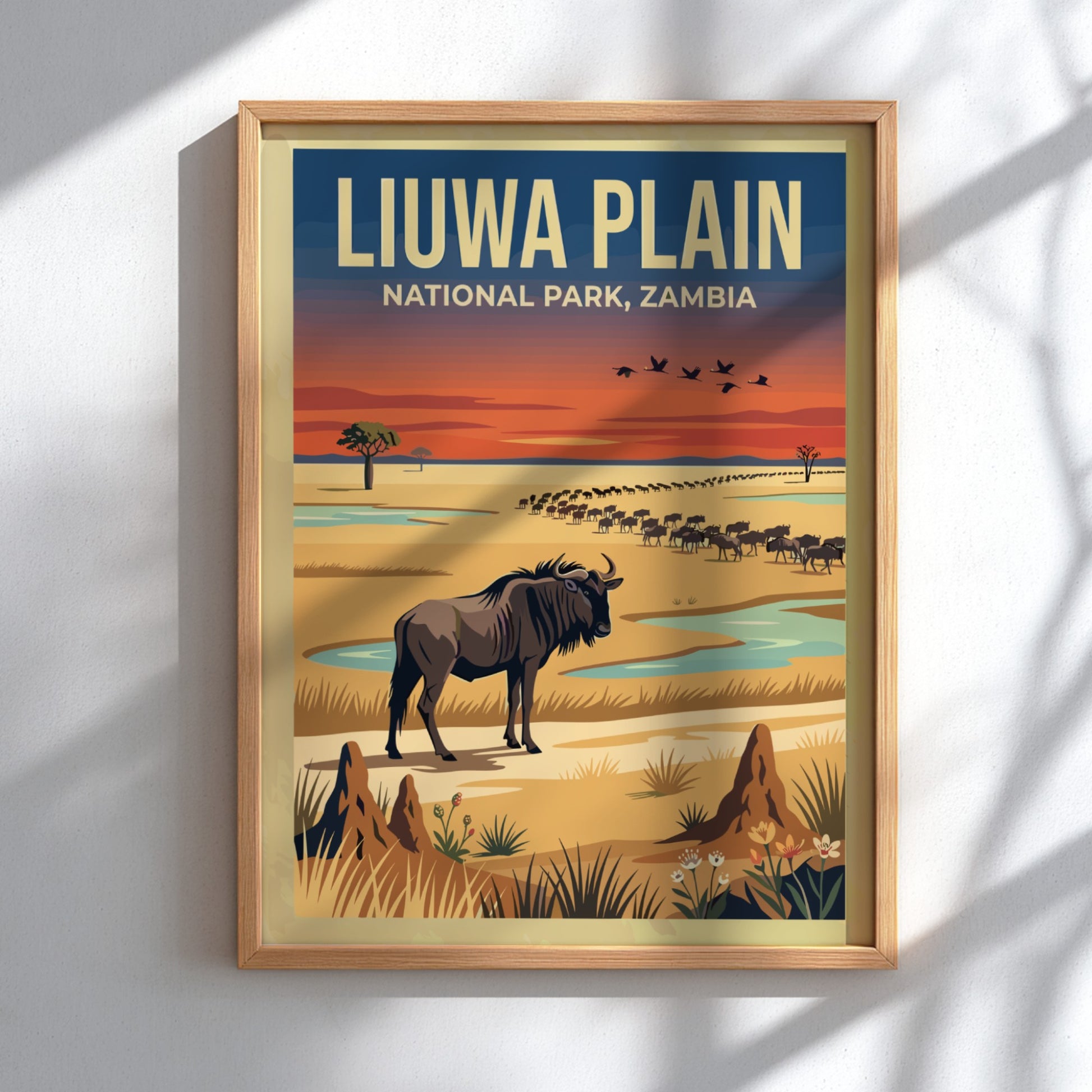 Liuwa Plain poster featuring a wildebeest in vibrant colors, nature decor, wildlife art