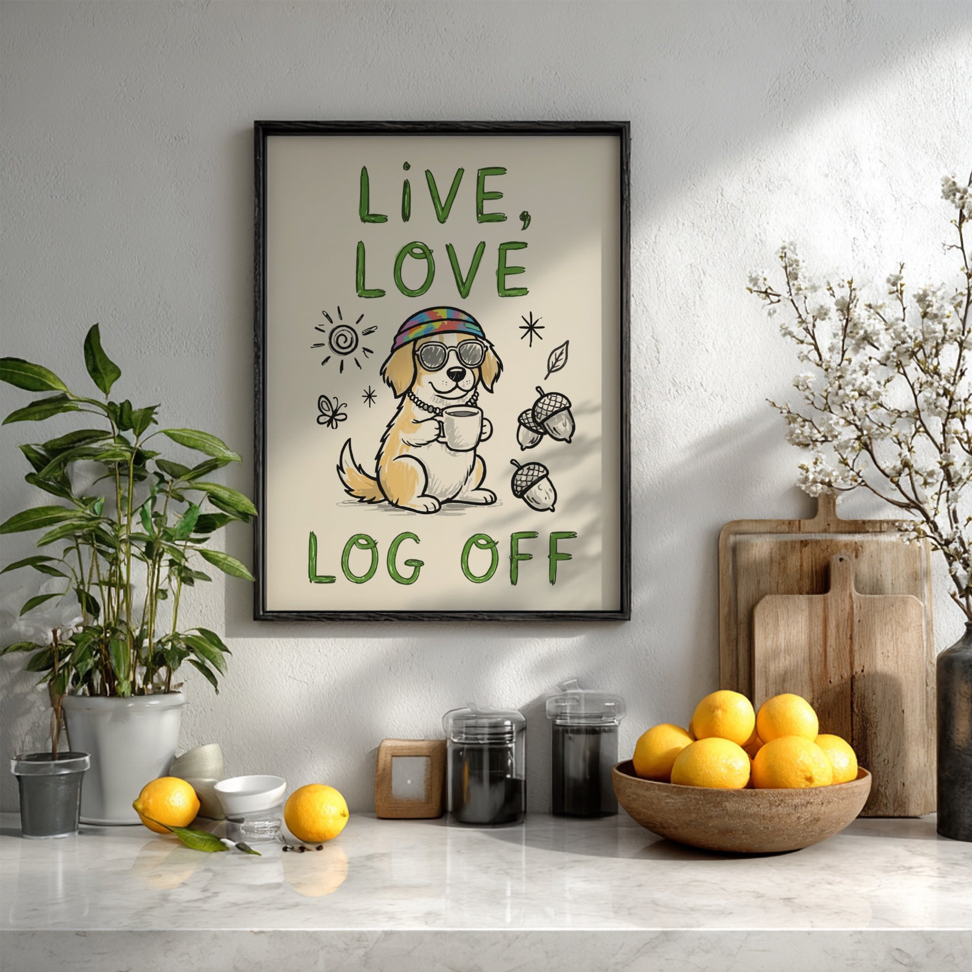 Live, Love, Log Off - Minimalist Dog Illustration & Digital Detox Wall Art
