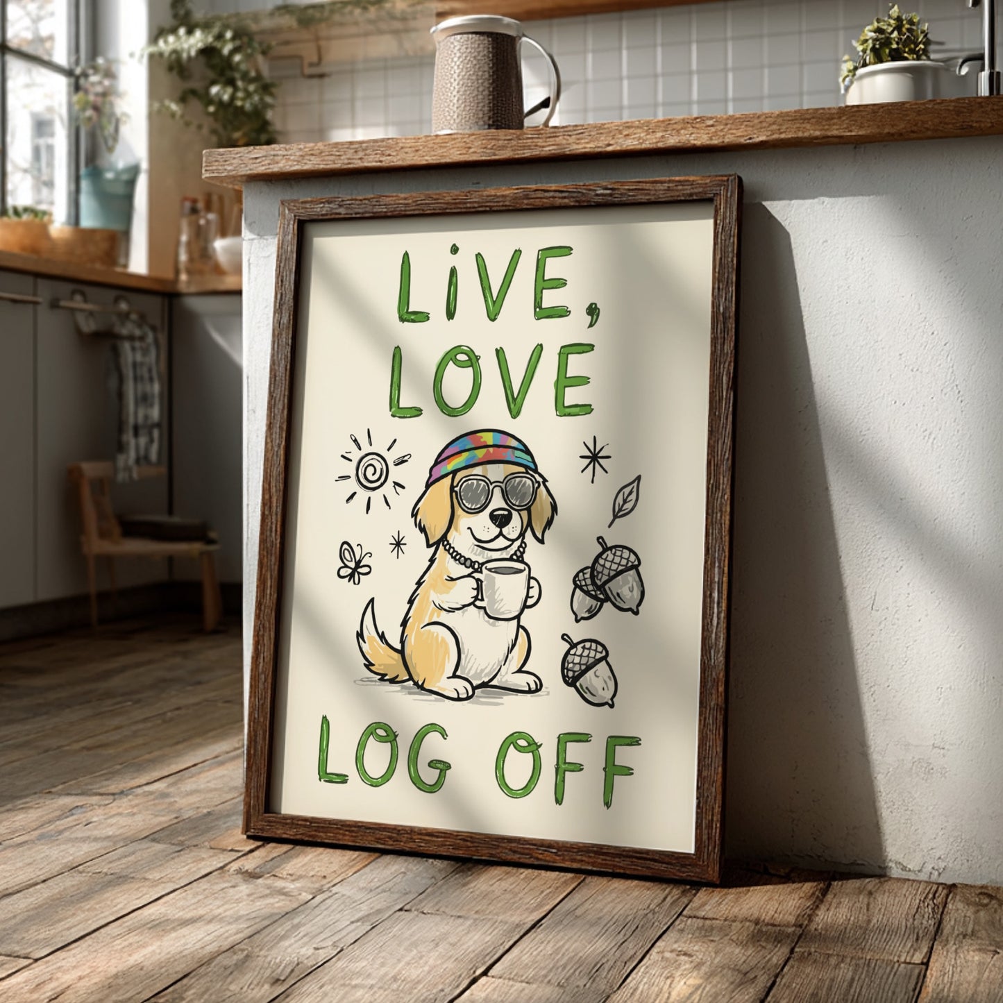 Live, Love, Log Off - Minimalist Dog Illustration & Digital Detox Wall Art