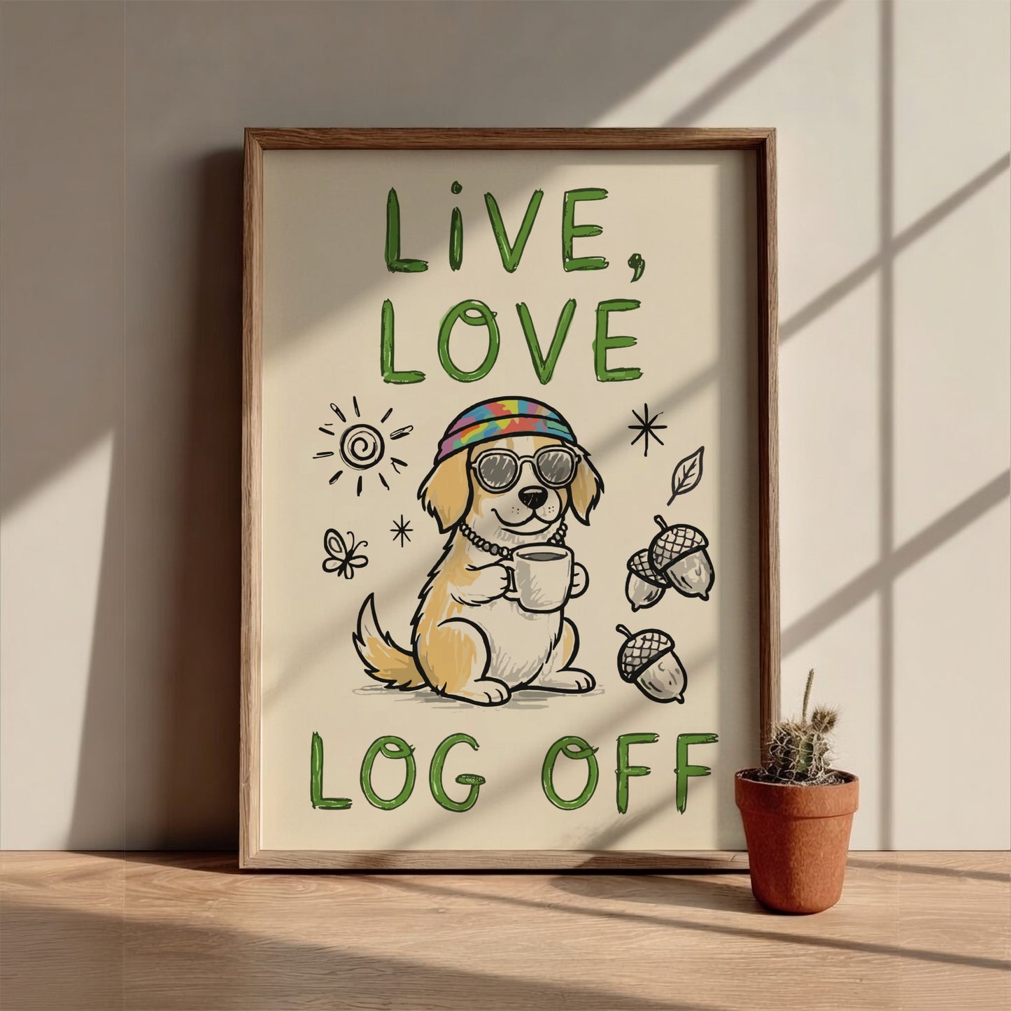 Live, Love, Log Off - Minimalist Dog Illustration & Digital Detox Wall Art