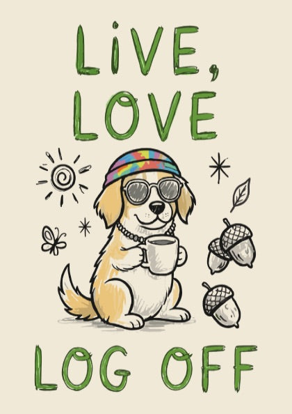 Live, Love, Log Off - Minimalist Dog Illustration & Digital Detox Wall Art