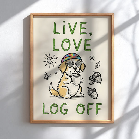 Live, Love, Log Off - Minimalist Dog Illustration & Digital Detox Wall Art