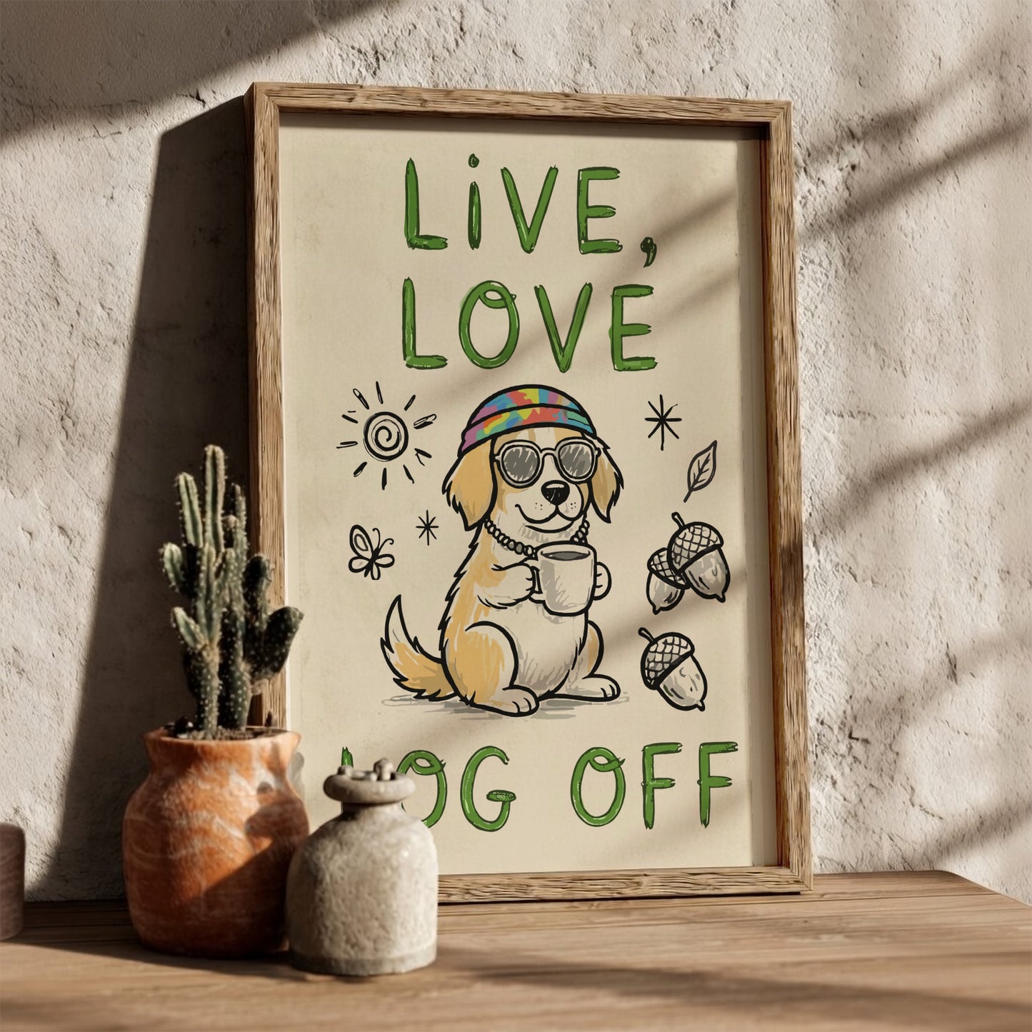 Live, Love, Log Off - Minimalist Dog Illustration & Digital Detox Wall Art