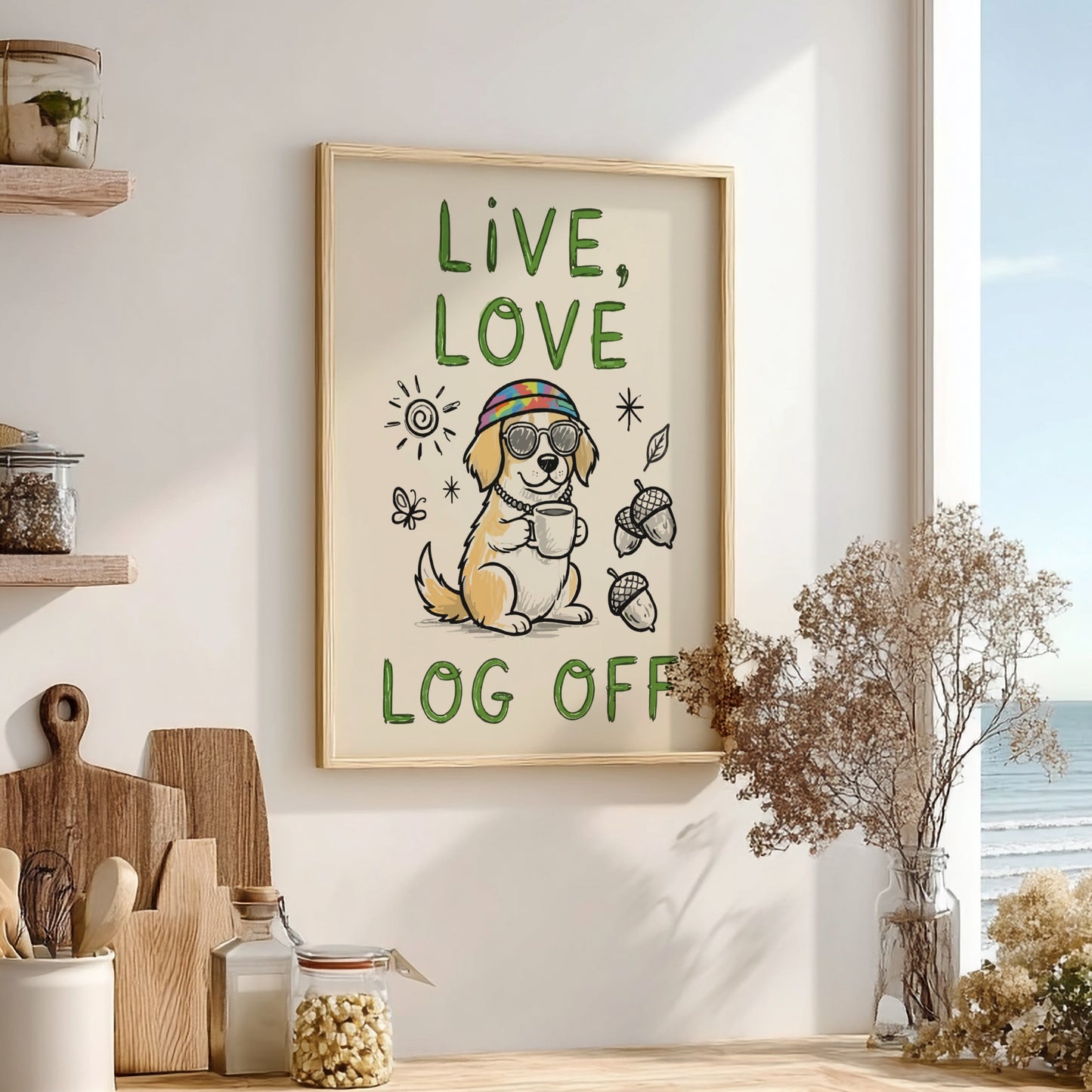 Live, Love, Log Off - Minimalist Dog Illustration & Digital Detox Wall Art