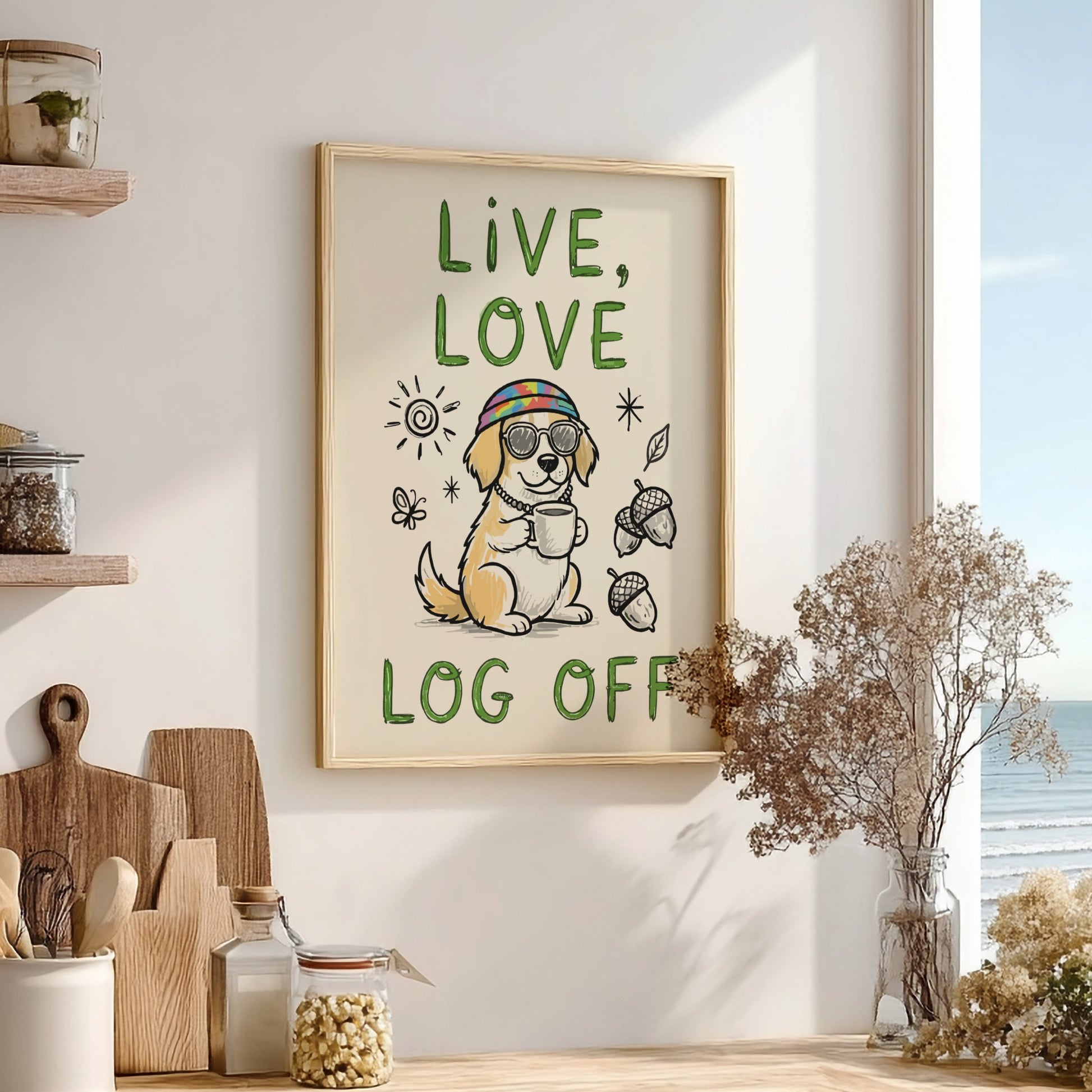 Live, Love, Log Off - Minimalist Dog Illustration & Digital Detox Wall Art