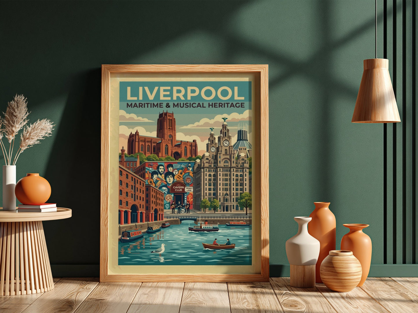 Travel poster of Liverpool featuring iconic buildings, the Cavern Club and river scene.