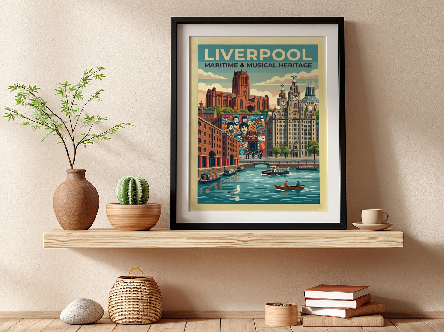 Travel poster of Liverpool featuring iconic buildings, the Cavern Club and river scene.