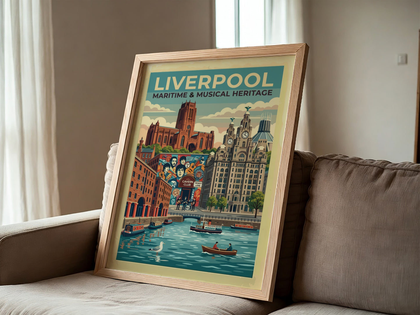 Travel poster of Liverpool featuring iconic buildings, the Cavern Club and river scene.