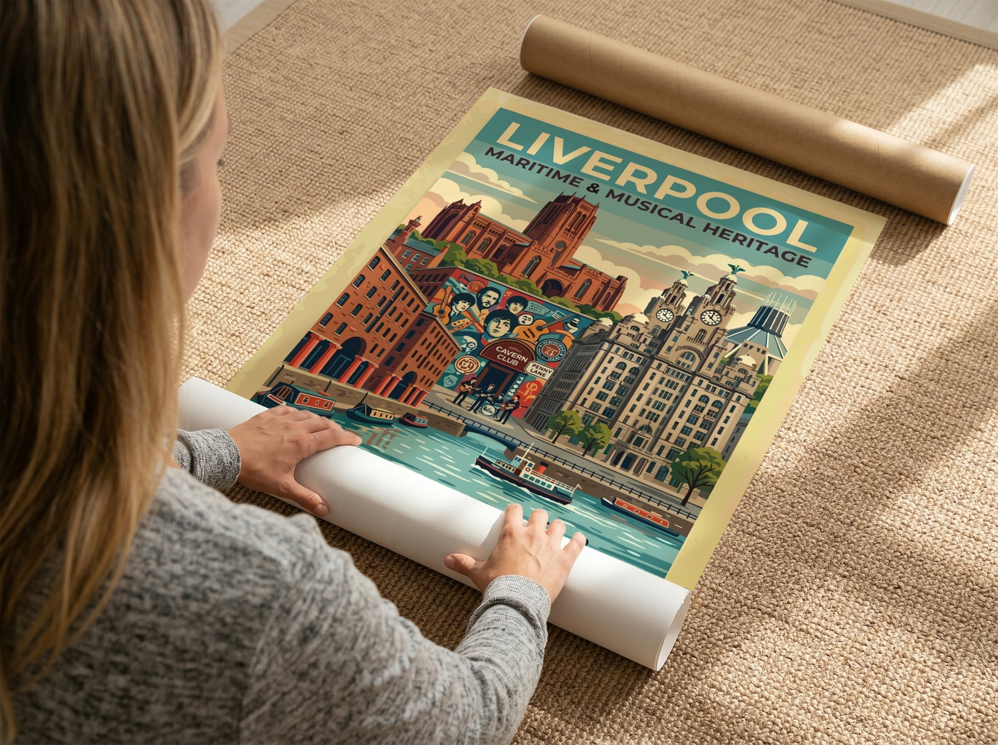 Travel poster of Liverpool featuring iconic buildings, the Cavern Club and river scene.