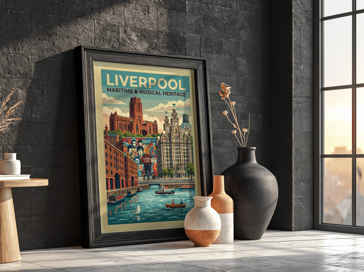 Travel poster of Liverpool featuring iconic buildings, the Cavern Club and river scene.