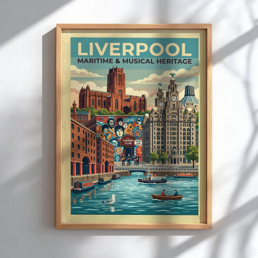 Travel poster of Liverpool featuring iconic buildings, the Cavern Club and river scene.