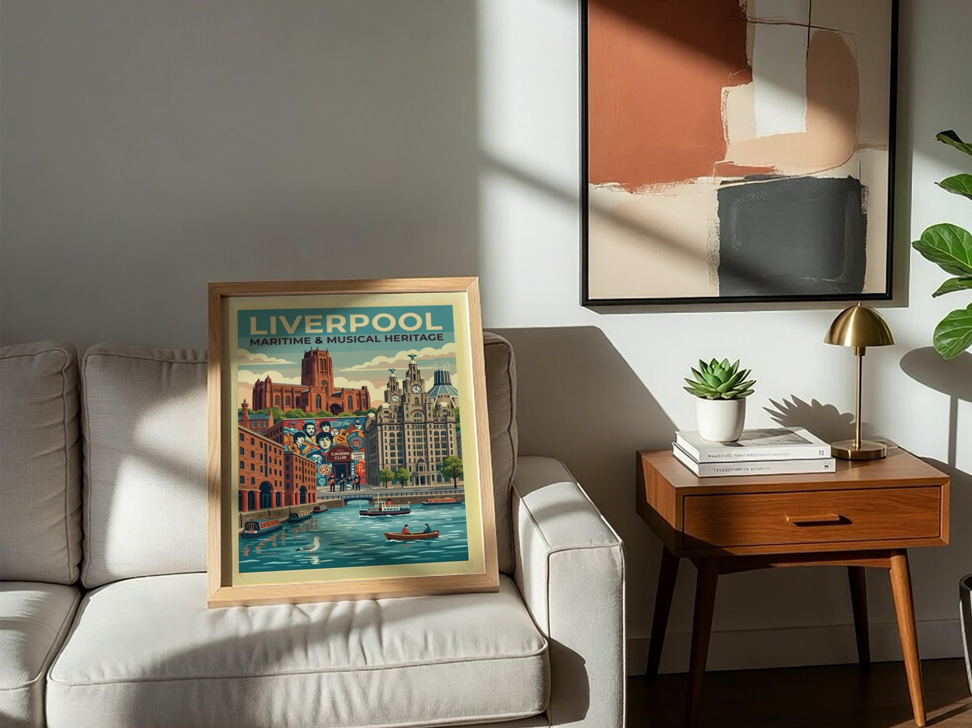Travel poster of Liverpool featuring iconic buildings, the Cavern Club and river scene.