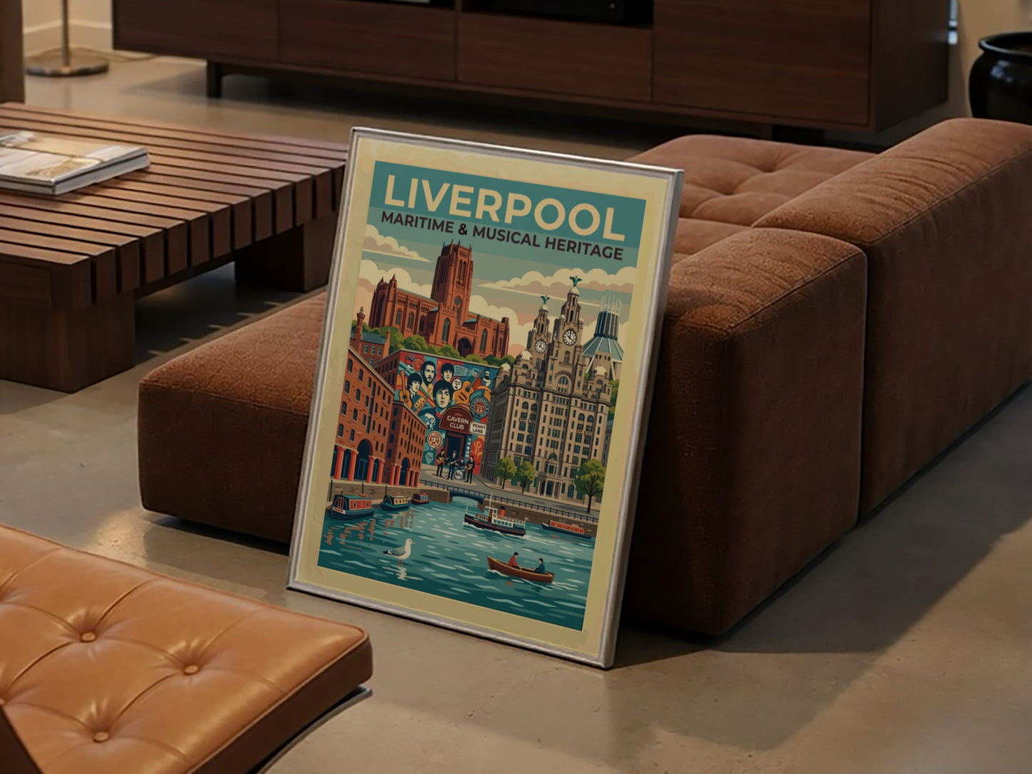 Travel poster of Liverpool featuring iconic buildings, the Cavern Club and river scene.