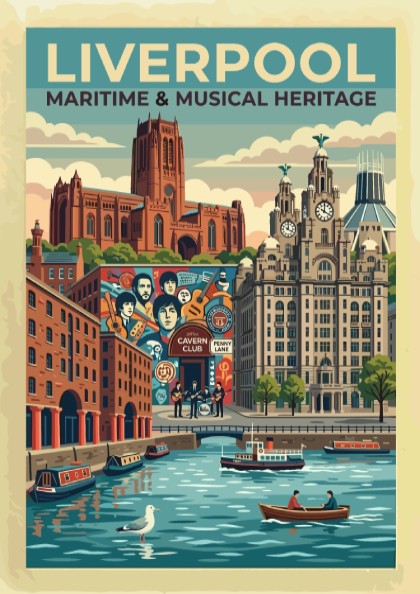 Travel poster of Liverpool featuring iconic buildings, the Cavern Club and river scene.