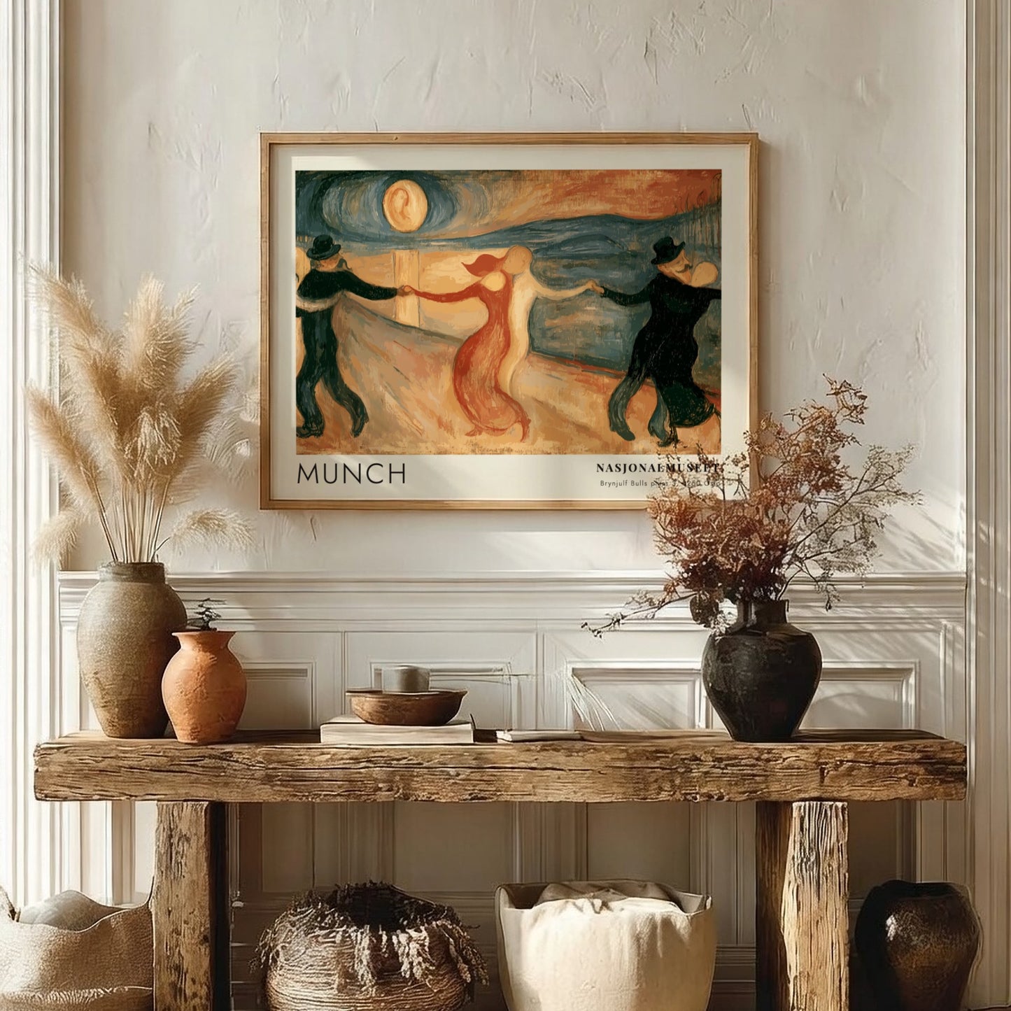 Gallery poster of Edvard Munch The Dance of Life framed in light wood grain.