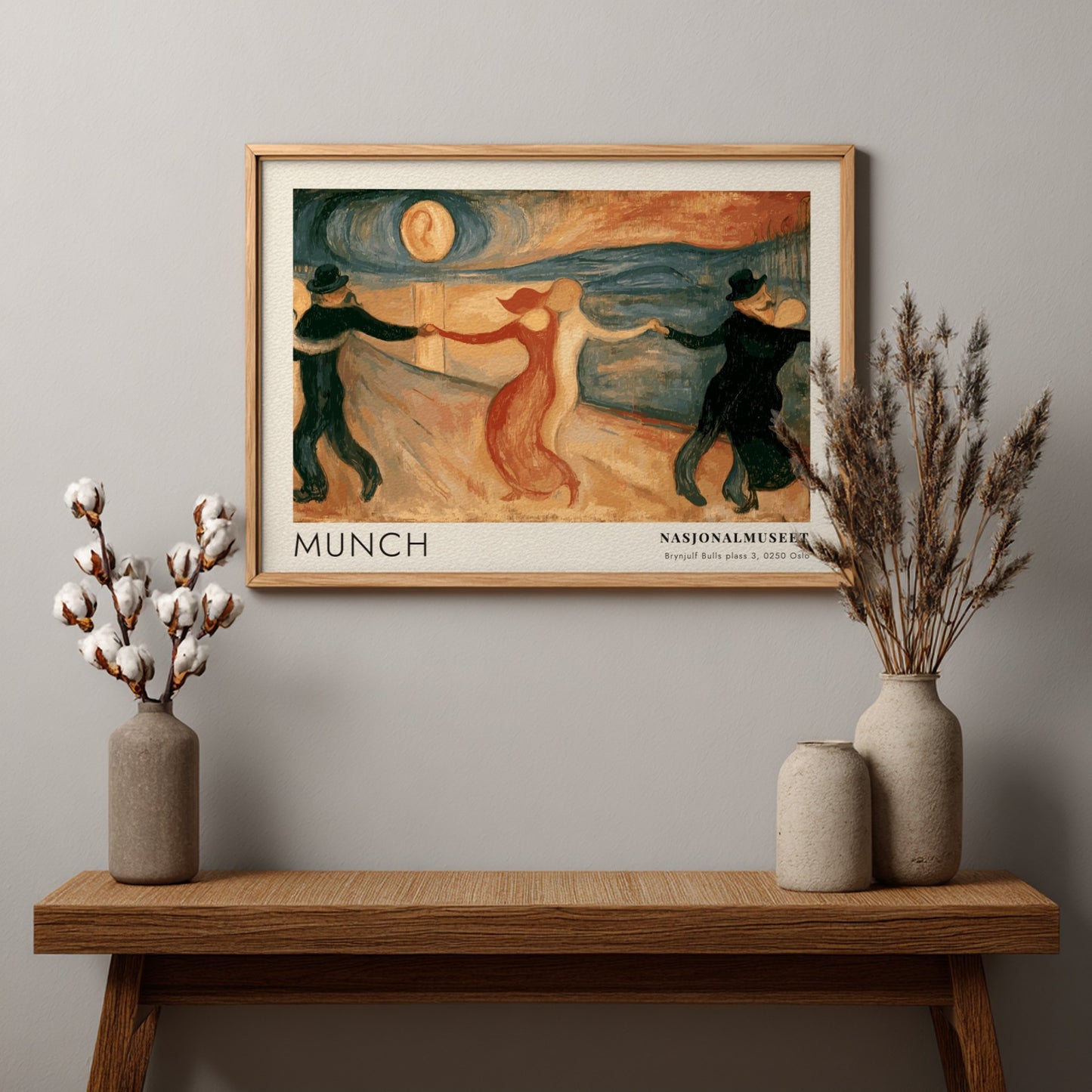 Gallery poster of Edvard Munch The Dance of Life framed in light wood grain.