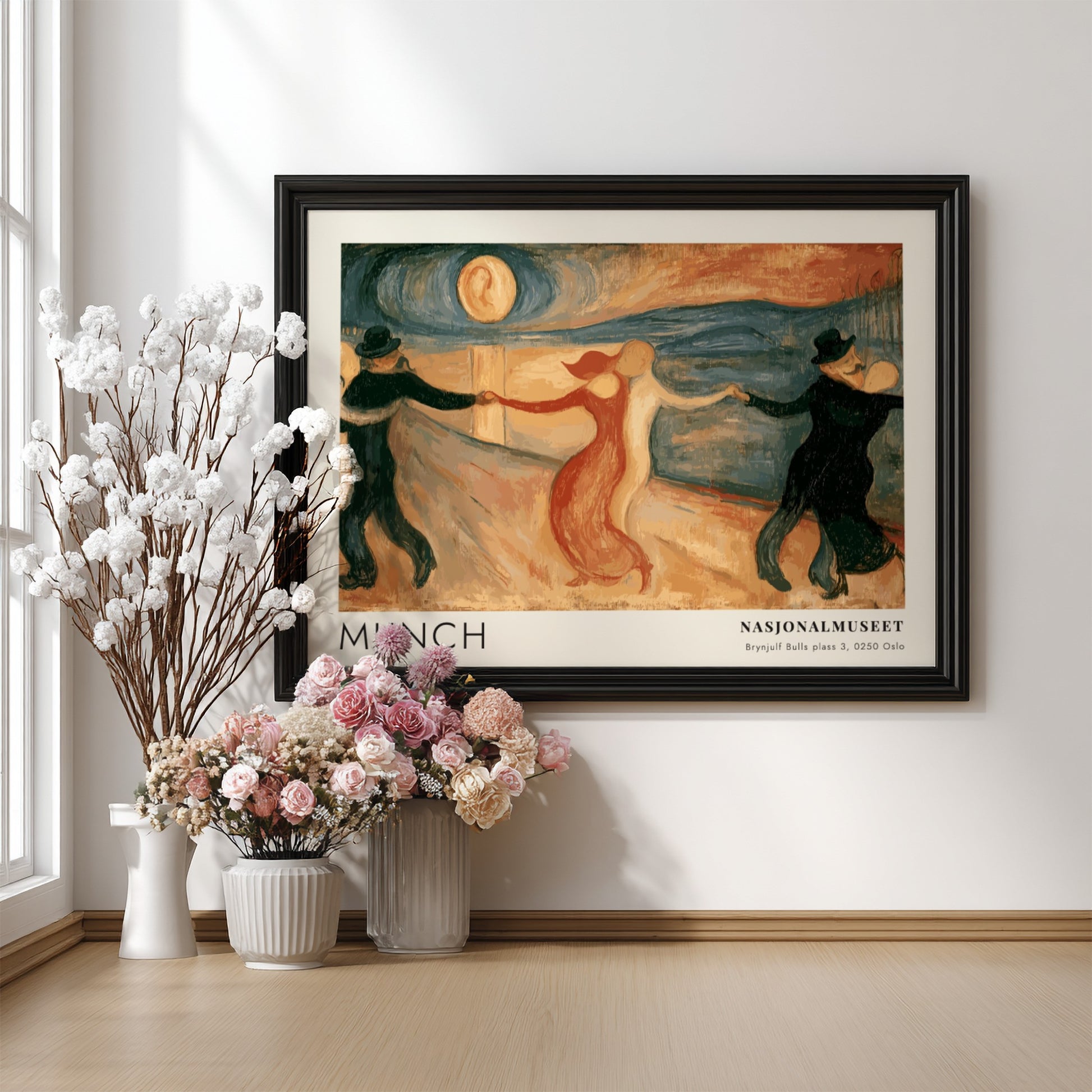 Gallery poster of Edvard Munch The Dance of Life framed in light wood grain.