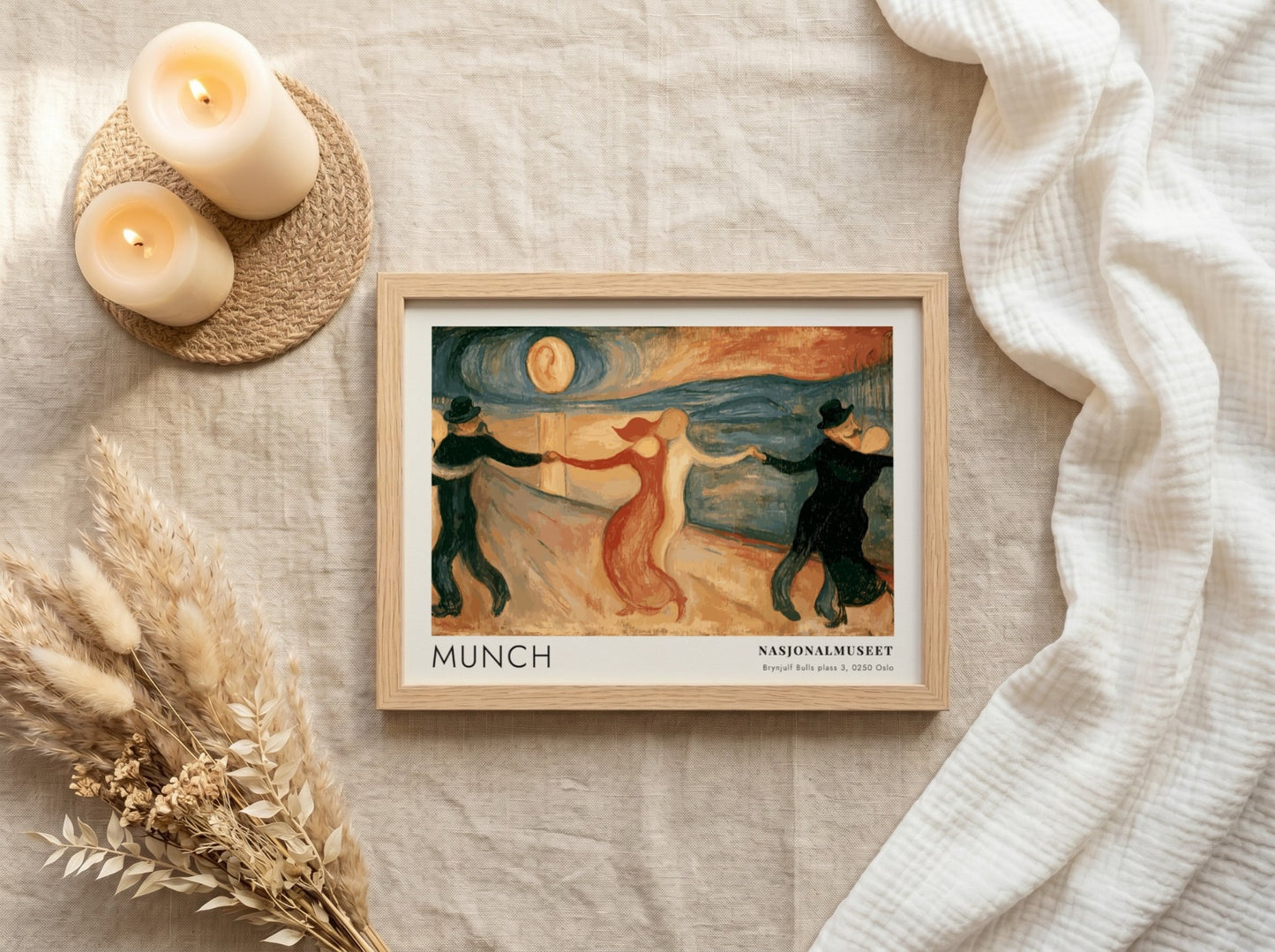 Gallery poster of Edvard Munch The Dance of Life framed in light wood grain.
