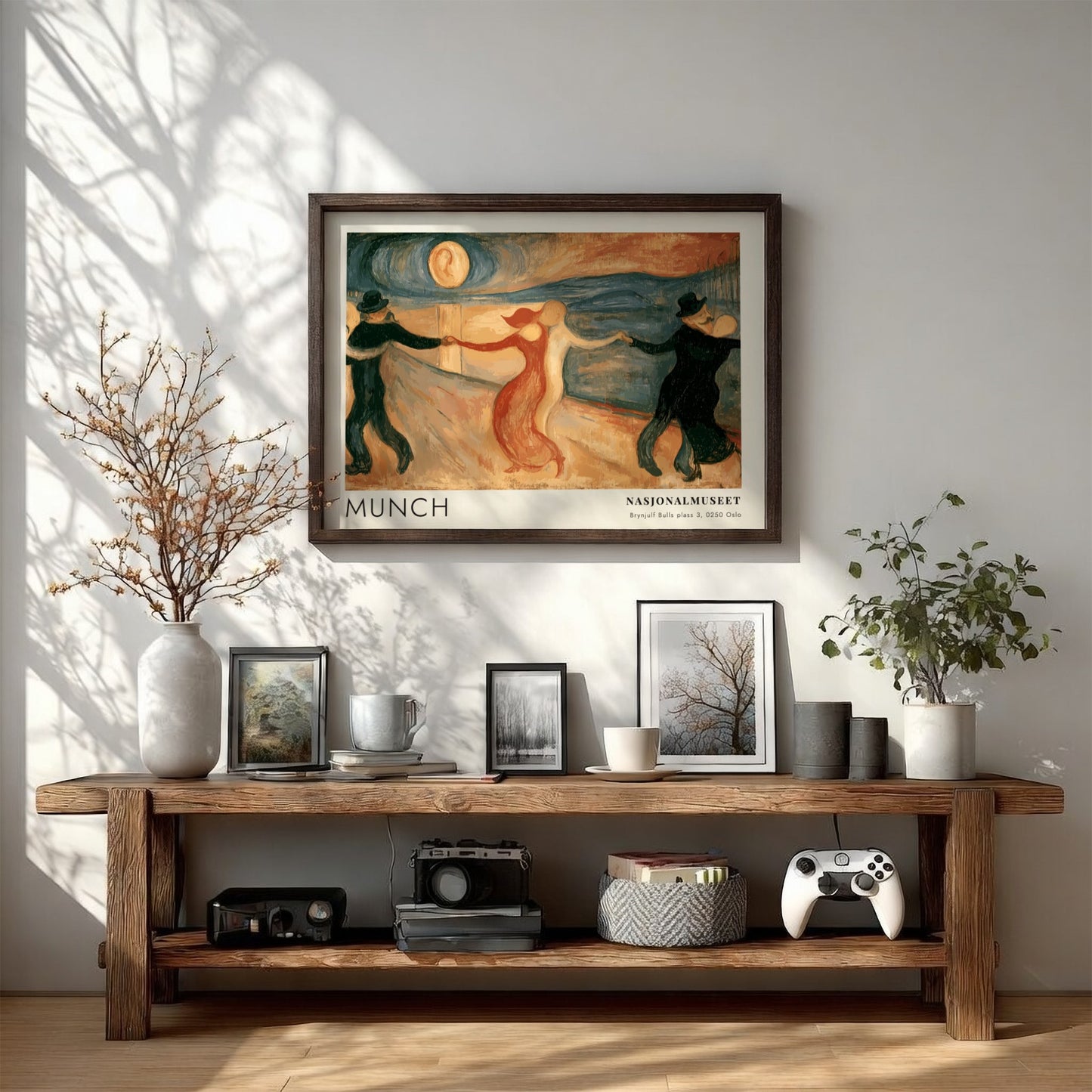 Gallery poster of Edvard Munch The Dance of Life framed in light wood grain.