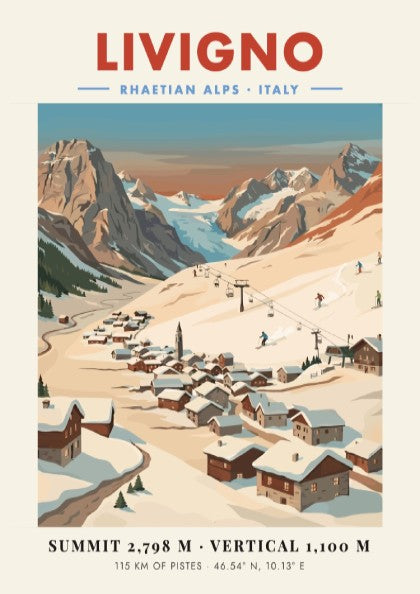 Livigno ski resort poster featuring snow-covered mountains and chalets in vintage style