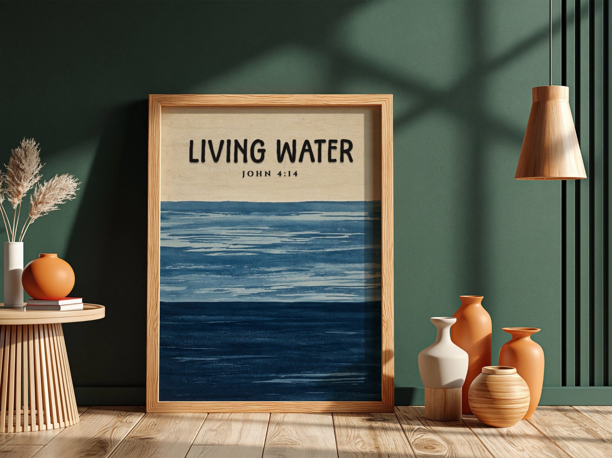 Living Water poster featuring John 4:14 in soothing blue tones, inspirational wall art for spiritual