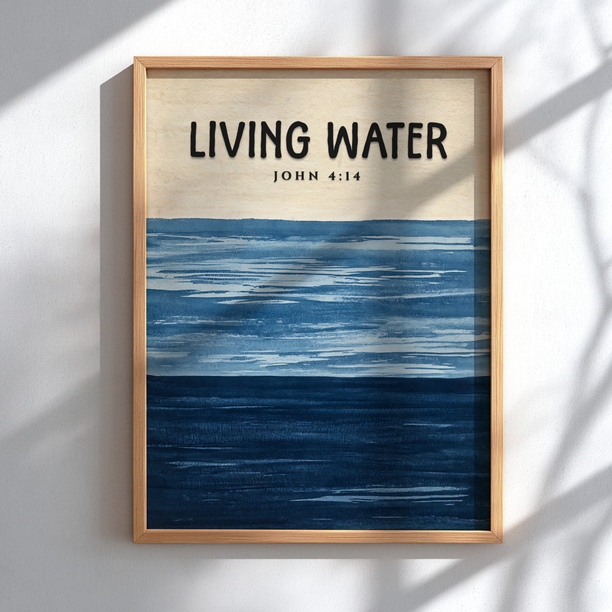 Living Water poster featuring John 4:14 in soothing blue tones, inspirational wall art for spiritual