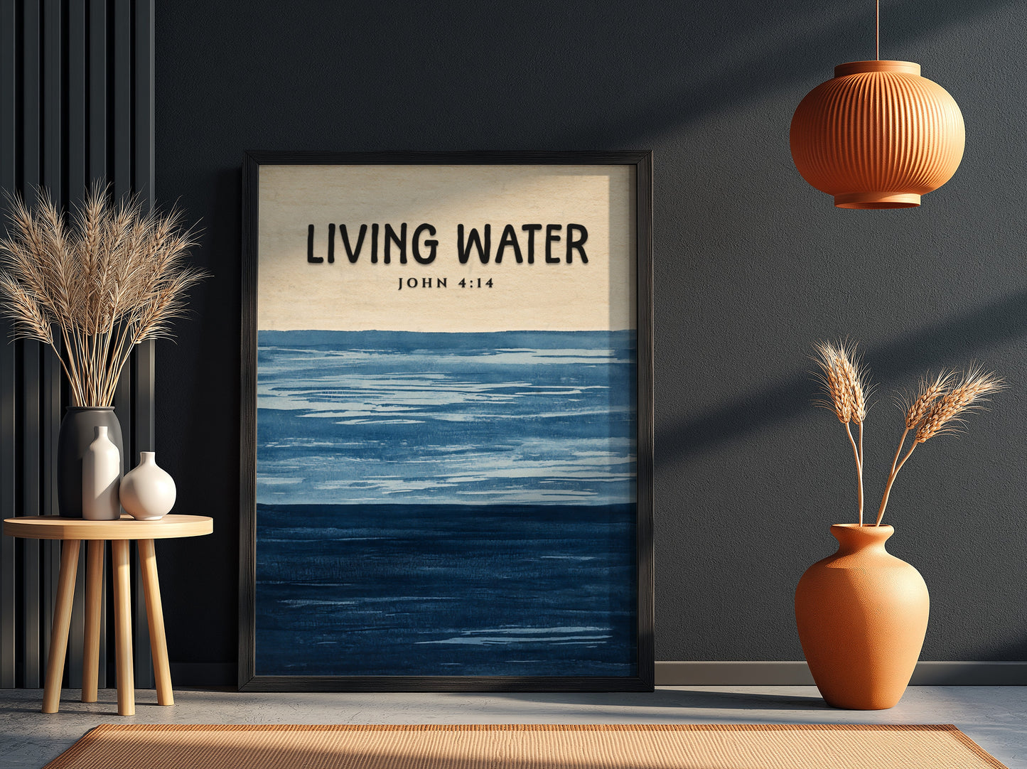 Living Water poster featuring John 4:14 in soothing blue tones, inspirational wall art for spiritual